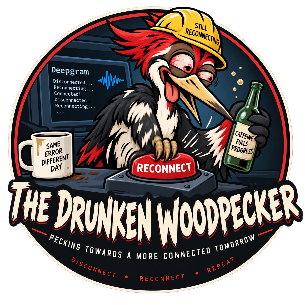 The Drunken Woodpecker mascot with his reconnect button